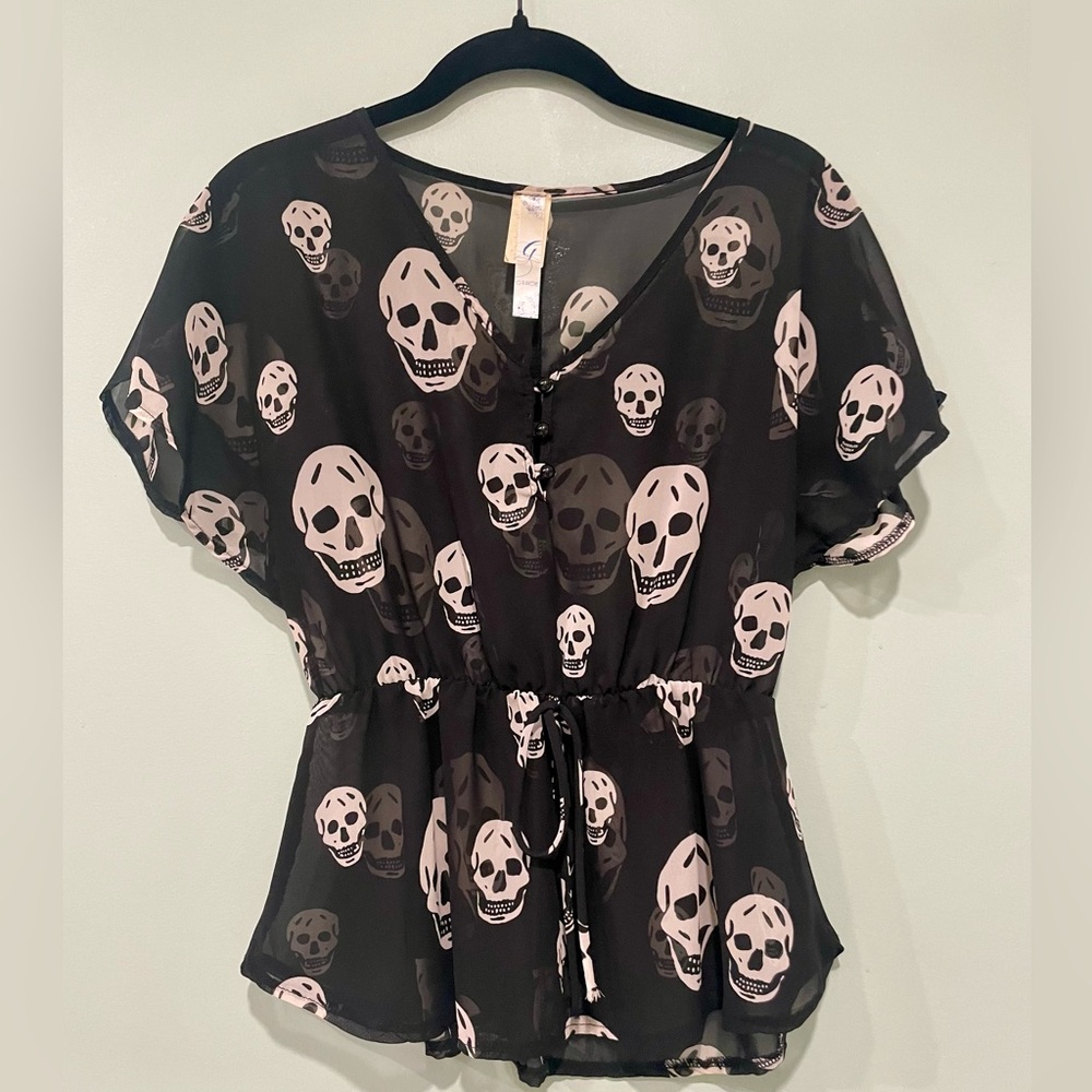 Vintage Ladies Sheer Retro Peplum Skulls V neck Blouse size Small